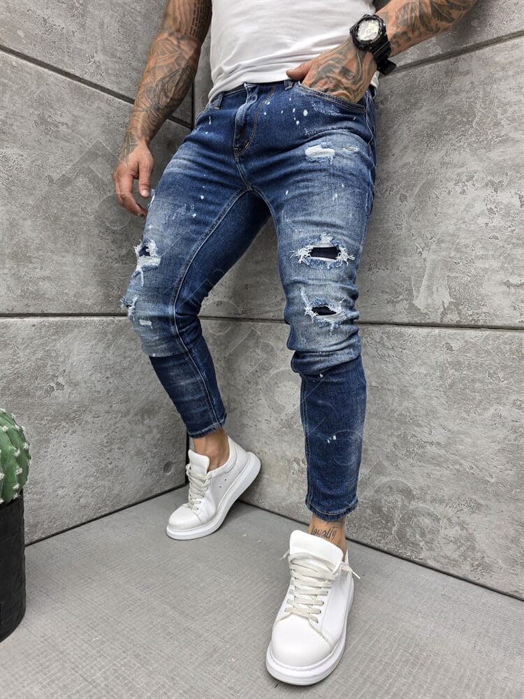Blugi Skinny pentru barbati cu patch-uri si efect rupt-albastru cod 150