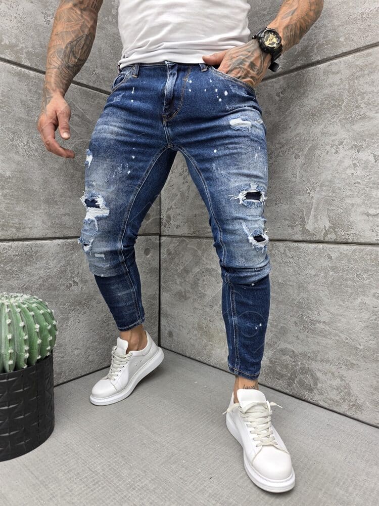 Blugi Skinny pentru barbati cu patch-uri si efect rupt-albastru cod 150
