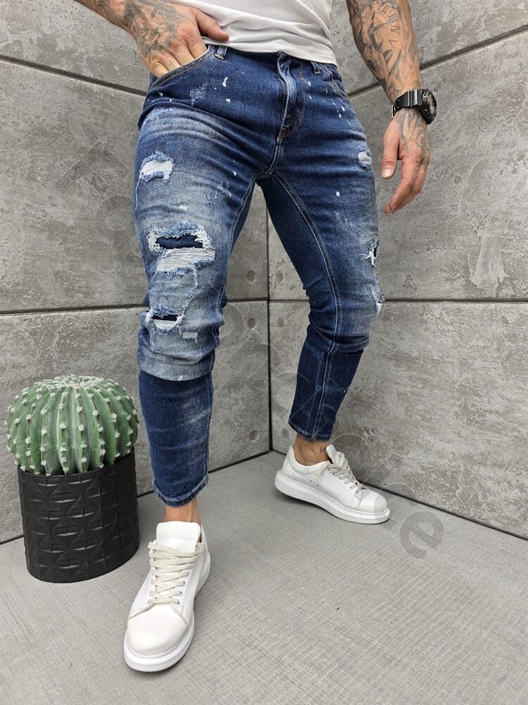 Blugi Skinny pentru barbati cu patch-uri si efect rupt-albastru cod 150