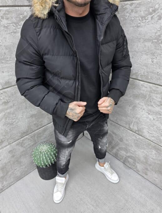 Geaca barbati bomber pentru iarna cu blana eco pe gluga-negru cod 8438