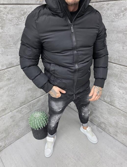 Geaca barbati bomber pentru iarna cu blana eco pe gluga-negru cod 8438