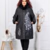Geaca maxi groasa cu aplicatie paun si blana naturala-negru cod 71294
