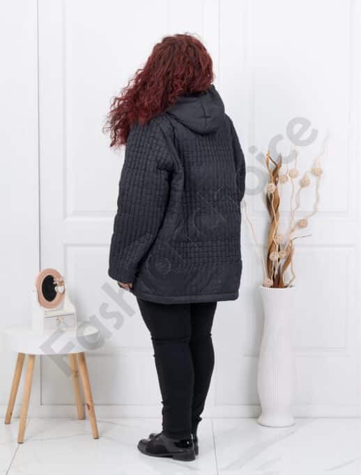 Geaca maxi groasa din material in relief cu accesoriu Love-negru cod 63046