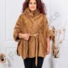 Poncho maxi elegant cu guler din blana eco si curea-camel cod JJ76-2
