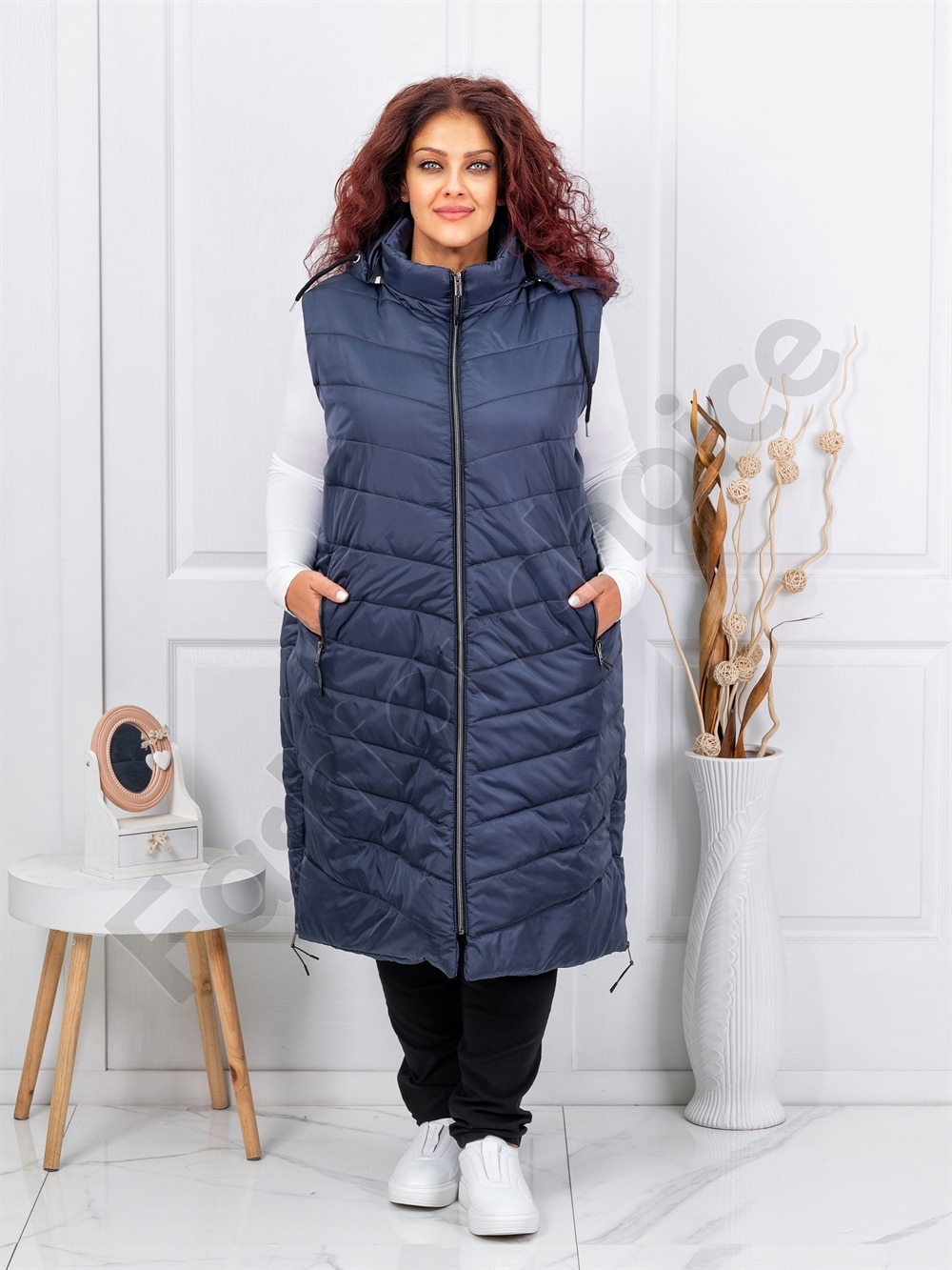 Vesta lunga super maxi cu gluga-albastru inchis cod 24048-2