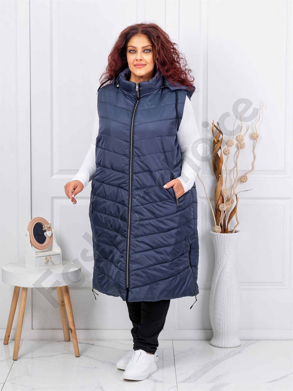 Vesta lunga super maxi cu gluga-albastru inchis cod 24048-2