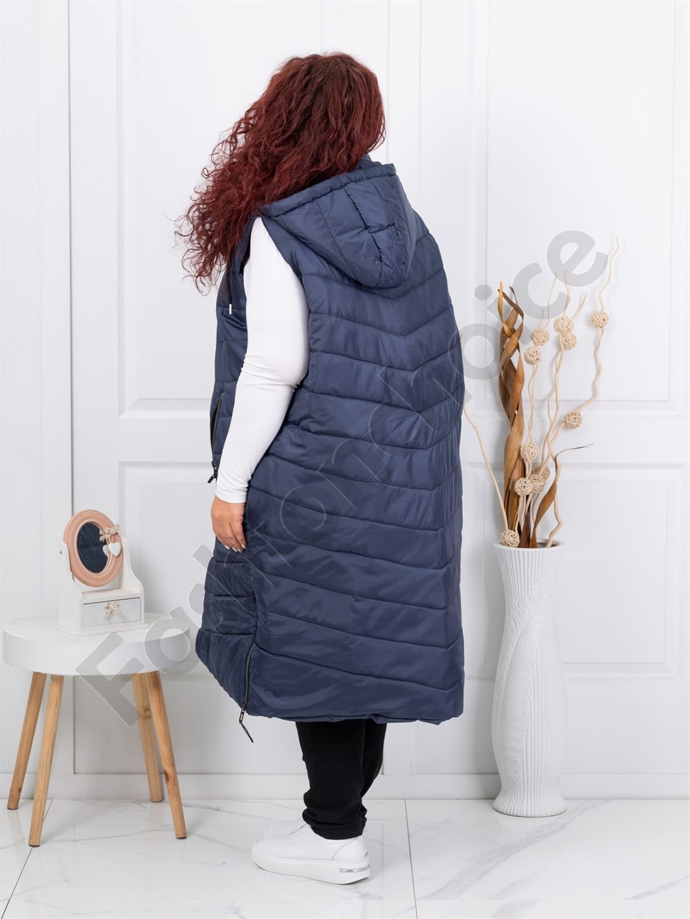 Vesta lunga super maxi cu gluga-albastru inchis cod 24048-2
