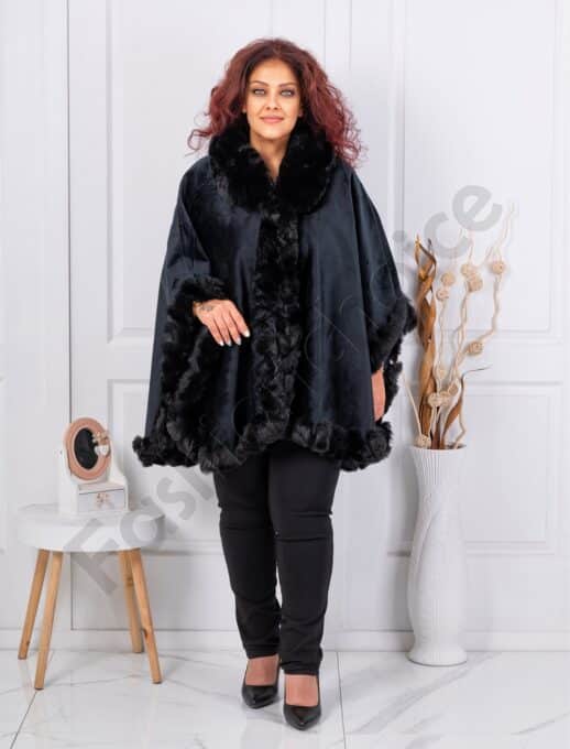 Poncho maxi cu blana eco si design asimetric-negru cod ZH06