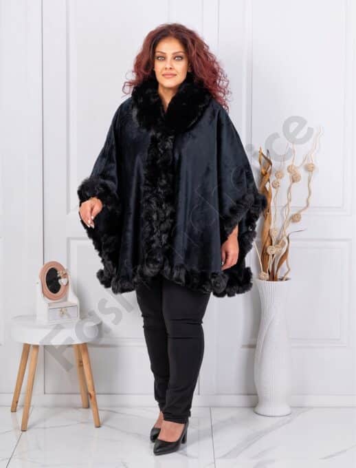 Poncho maxi cu blana eco si design asimetric-negru cod ZH06