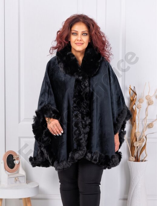 Poncho maxi cu blana eco si design asimetric-negru cod ZH06