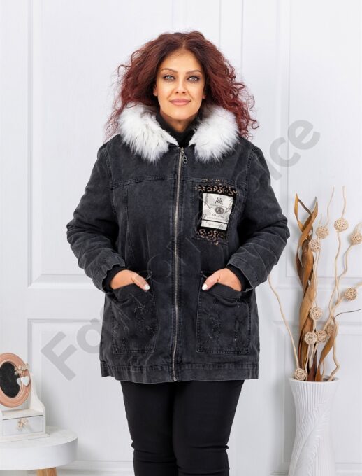 Geaca groasa maxi din denim cu gluga si blana alba cod 10528