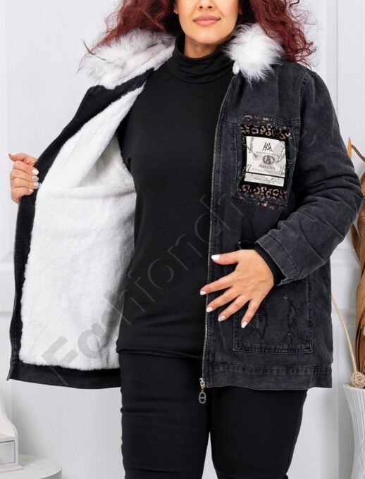 Geaca groasa maxi din denim cu gluga si blana alba cod 10528