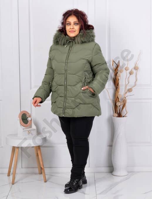 Geaca maxi pentru iarna cu blana eco-verde pastel cod 8062-1