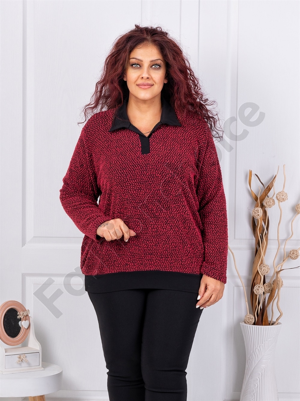 Bluza maxi din bucle cu guler elegant-rosu cod 25361-3