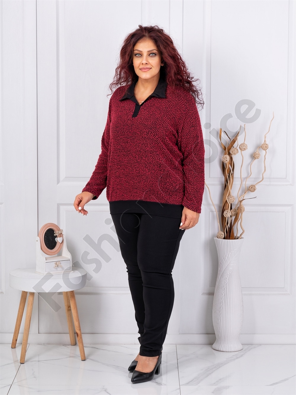 Bluza maxi din bucle cu guler elegant-rosu cod 25361-3