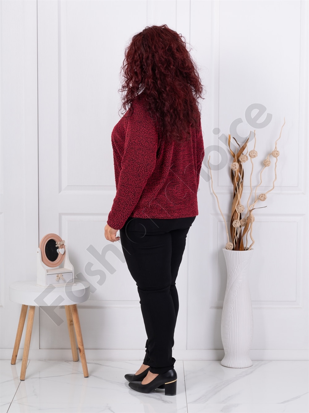 Bluza maxi din bucle cu guler elegant-rosu cod 25361-3