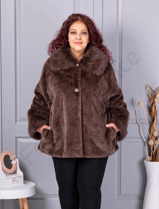Palton maxi din blana eco cu guler cochet-maro cod 230129-4
