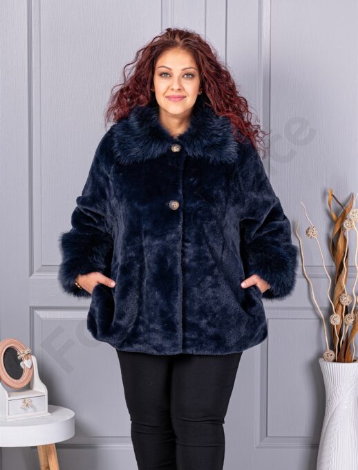 Palton maxi din blana eco cu guler cochet-albastru inchis cod 230129-8