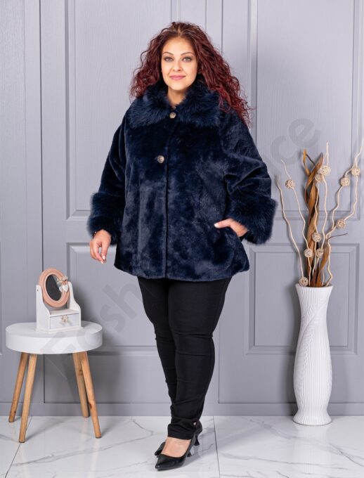 Palton maxi din blana eco cu guler cochet-albastru inchis cod 230129-8