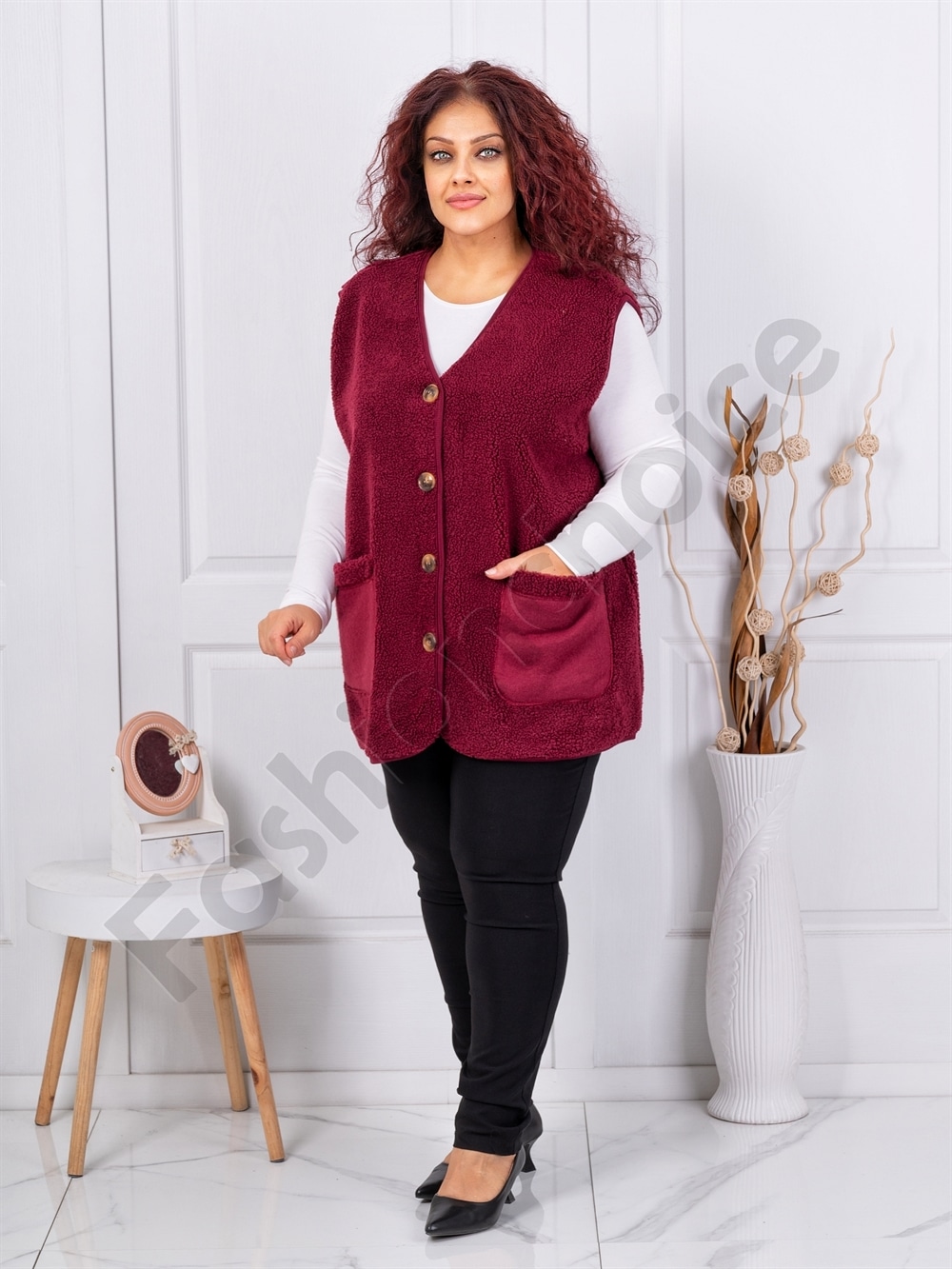 Vesta maxi din bucle cu croi modern si buzunare-bordo cod 2185-5