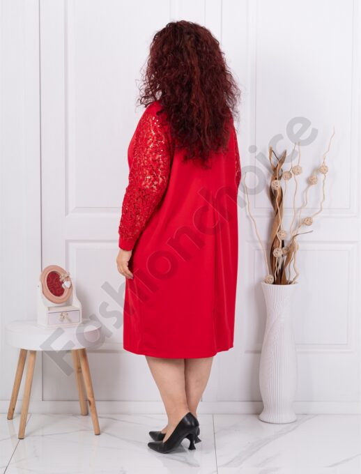 Rochie maxi cu partea din fata din dantela si paiete-rosu cod 9550-3