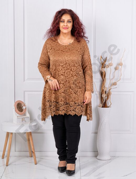 Tunica asimetrica maxi din dantela elastica-camel cod 251323-9