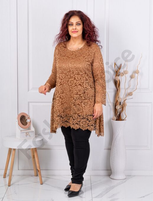 Tunica asimetrica maxi din dantela elastica-camel cod 251323-9