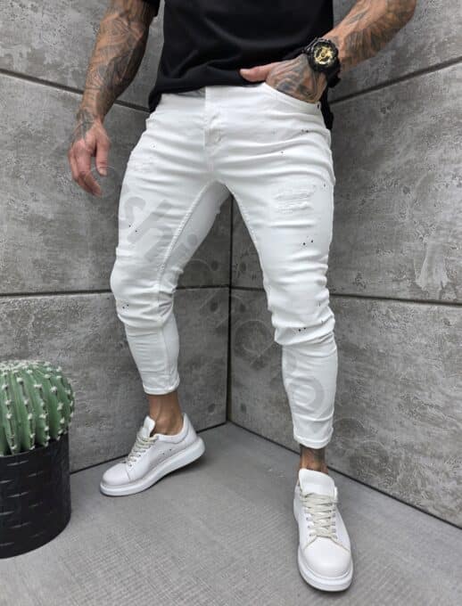 Blugi Slim Fit pentru barbati cu stropi negri-alb cod 5581