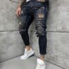 Blugi trendy pentru barbati cu efect Vintage si stropi albi-indigo cod 900