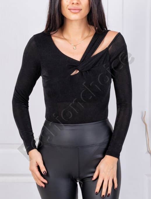 Bluza eleganta de dama tip body cu umer degupat-negru cod 5678