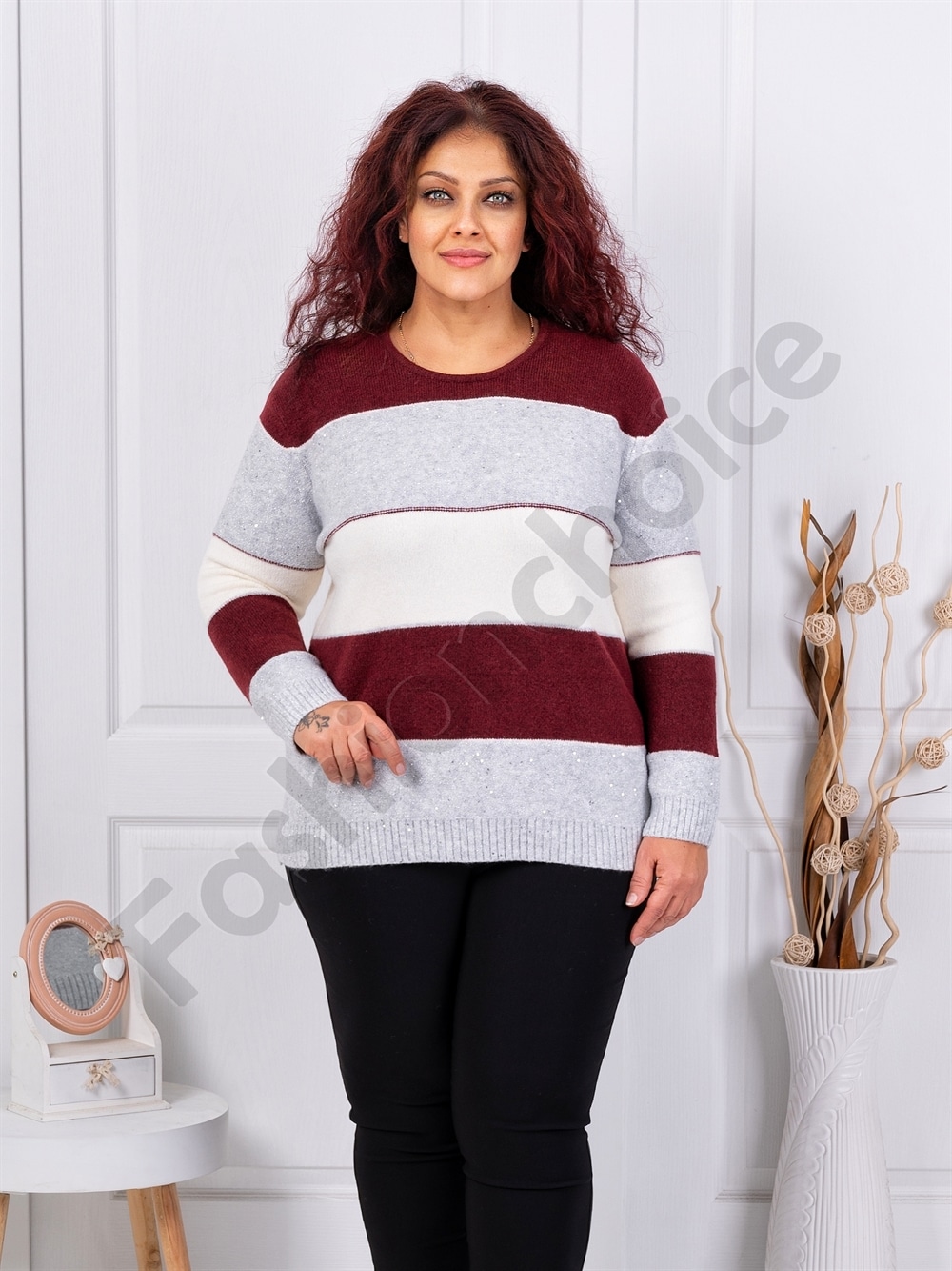 Bluza maxi tricotata cu lame si paiete discrete-gri/bordo cod 85666-1