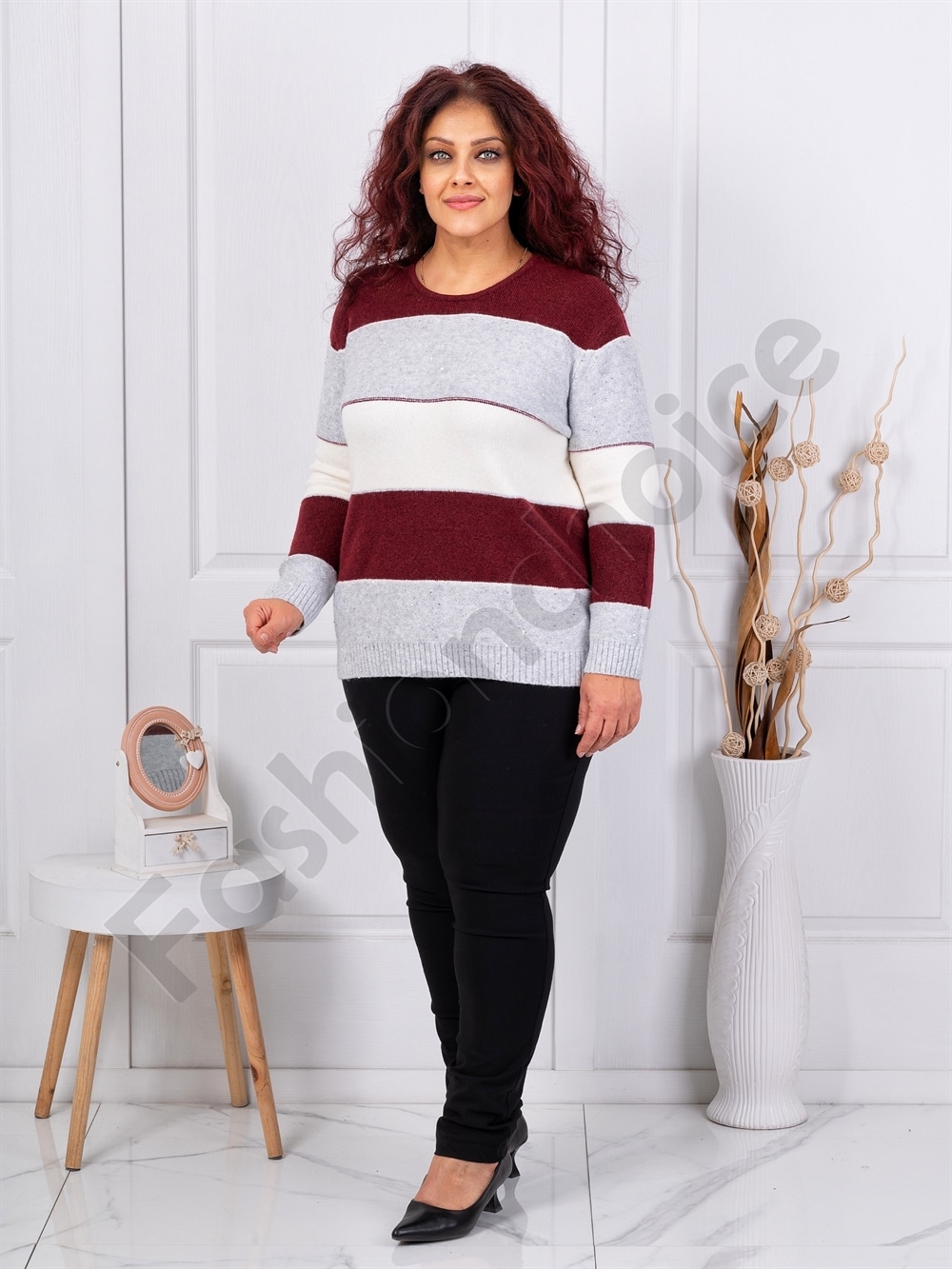 Bluza maxi tricotata cu lame si paiete discrete-gri/bordo cod 85666-1
