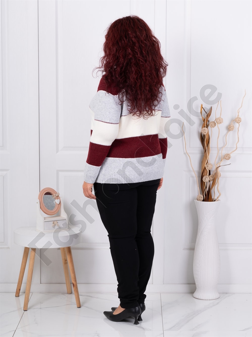 Bluza maxi tricotata cu lame si paiete discrete-gri/bordo cod 85666-1