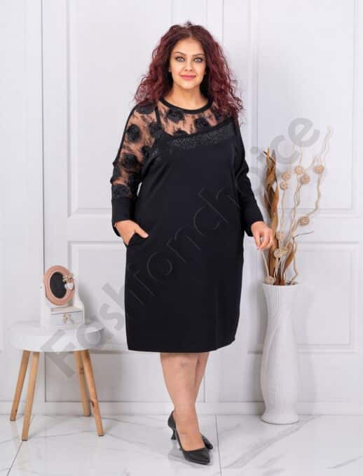 Rochie maxi eleganta cu tull diagonal si pietricele-negru cod 3832