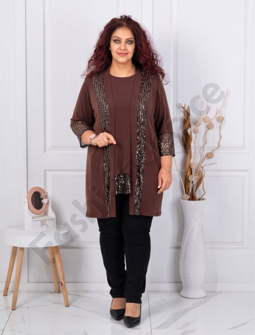 Set maxi blazer si bluza accesorizat cu paiete-ciocolata cod 1344-3
