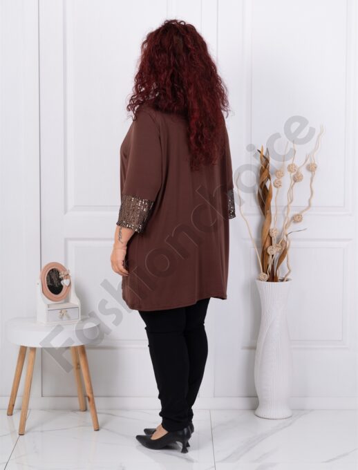Set maxi blazer si bluza accesorizat cu paiete-ciocolata cod 1344-3
