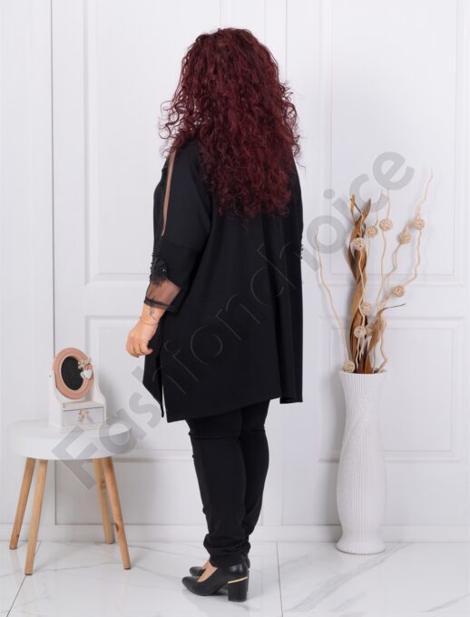 Tunica maxi eleganta cu tull si aplicatie florala-negru cod 4003