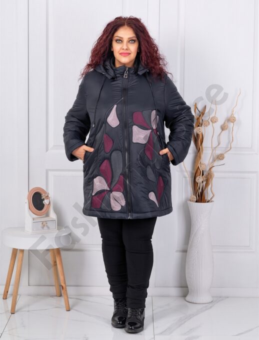 Geaca maxi groasa cu broderie multicolor si gluga-negru cod 63262-2