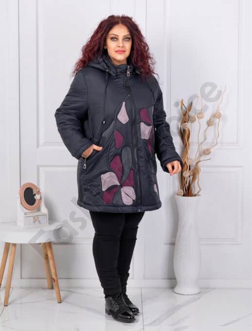Geaca maxi groasa cu broderie multicolor si gluga-negru cod 63262-2