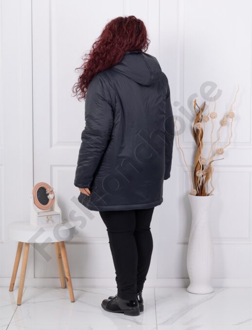 Geaca maxi groasa cu broderie multicolor si gluga-negru cod 63262-2