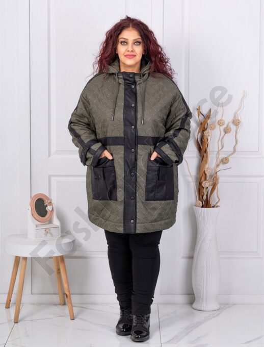 Geaca maxi usoara din material in relief si accente din nubuc eco-kaki cod 63281-2