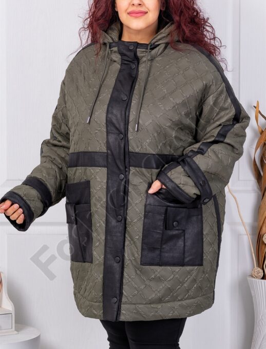 Geaca maxi usoara din material in relief si accente din nubuc eco-kaki cod 63281-2