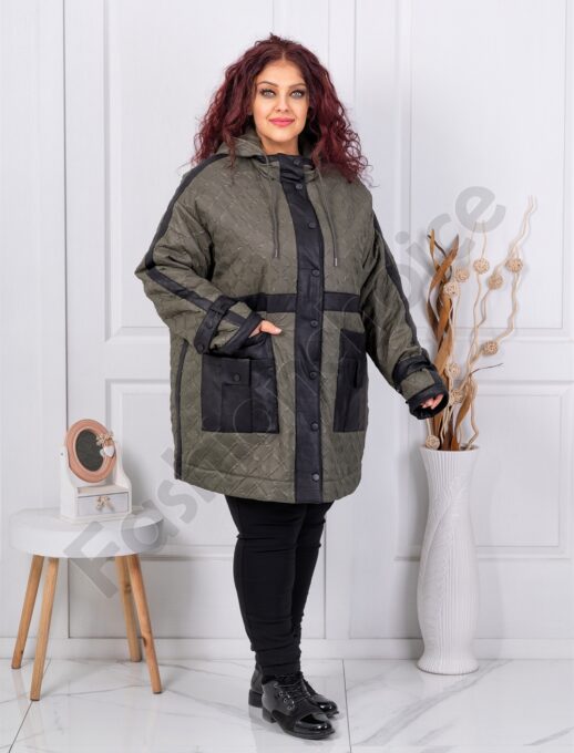 Geaca maxi usoara din material in relief si accente din nubuc eco-kaki cod 63281-2