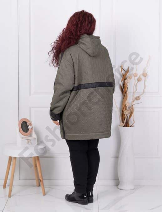 Geaca maxi usoara din material in relief si accente din nubuc eco-kaki cod 63281-2