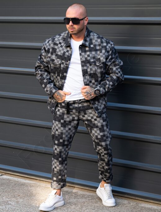 Compleu pentru barbati din denim cu efect 3D in carouri-negru cod 5128-1