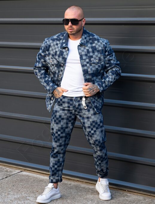 Compleu pentru barbati din denim cu efect 3D in carouri-albastru cod 5128
