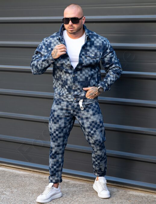 Compleu pentru barbati din denim cu efect 3D in carouri-albastru cod 5128
