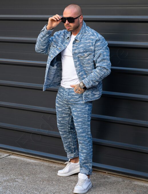 Compleu pentru barbati din denim cu efect zgariat-albastru deschis cod 5121-L