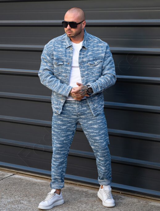 Compleu pentru barbati din denim cu efect zgariat-albastru deschis cod 5121-L