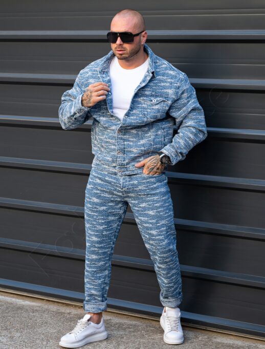Compleu pentru barbati din denim cu efect zgariat-albastru deschis cod 5121-L